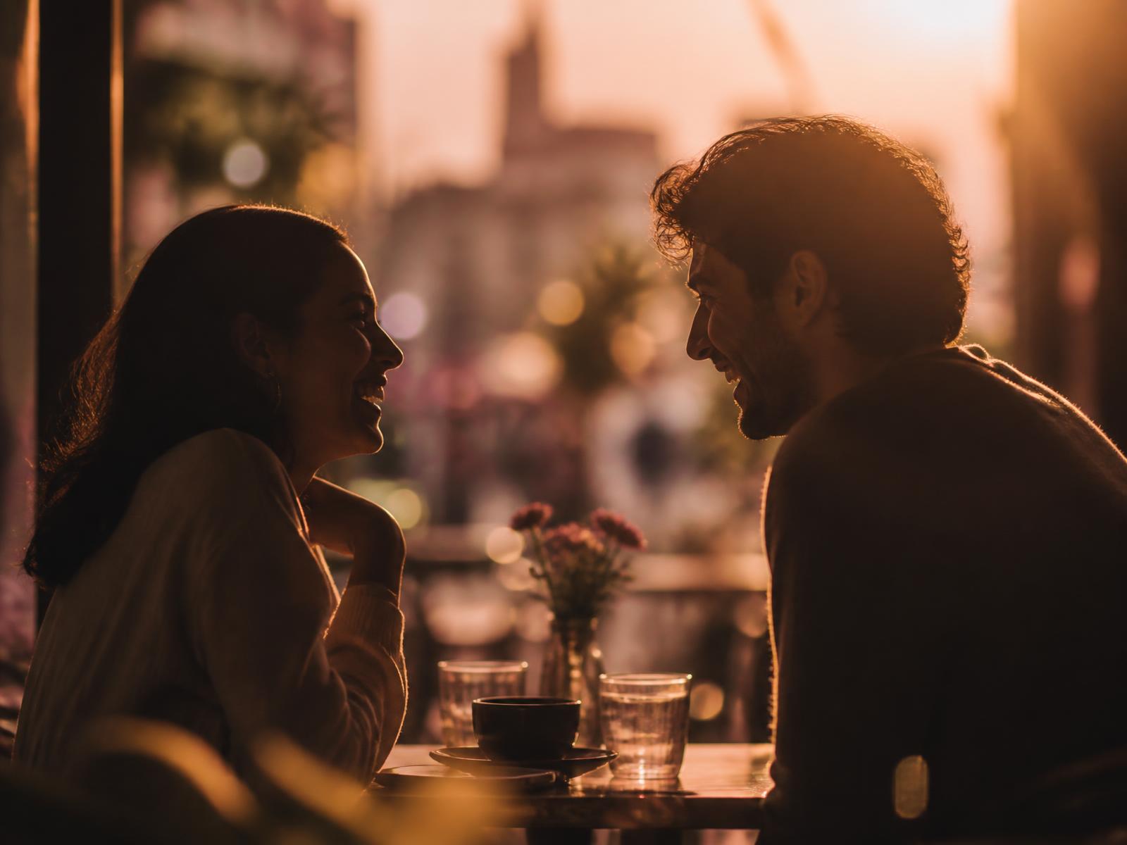 Casal conversando em um café ao pôr do sol
